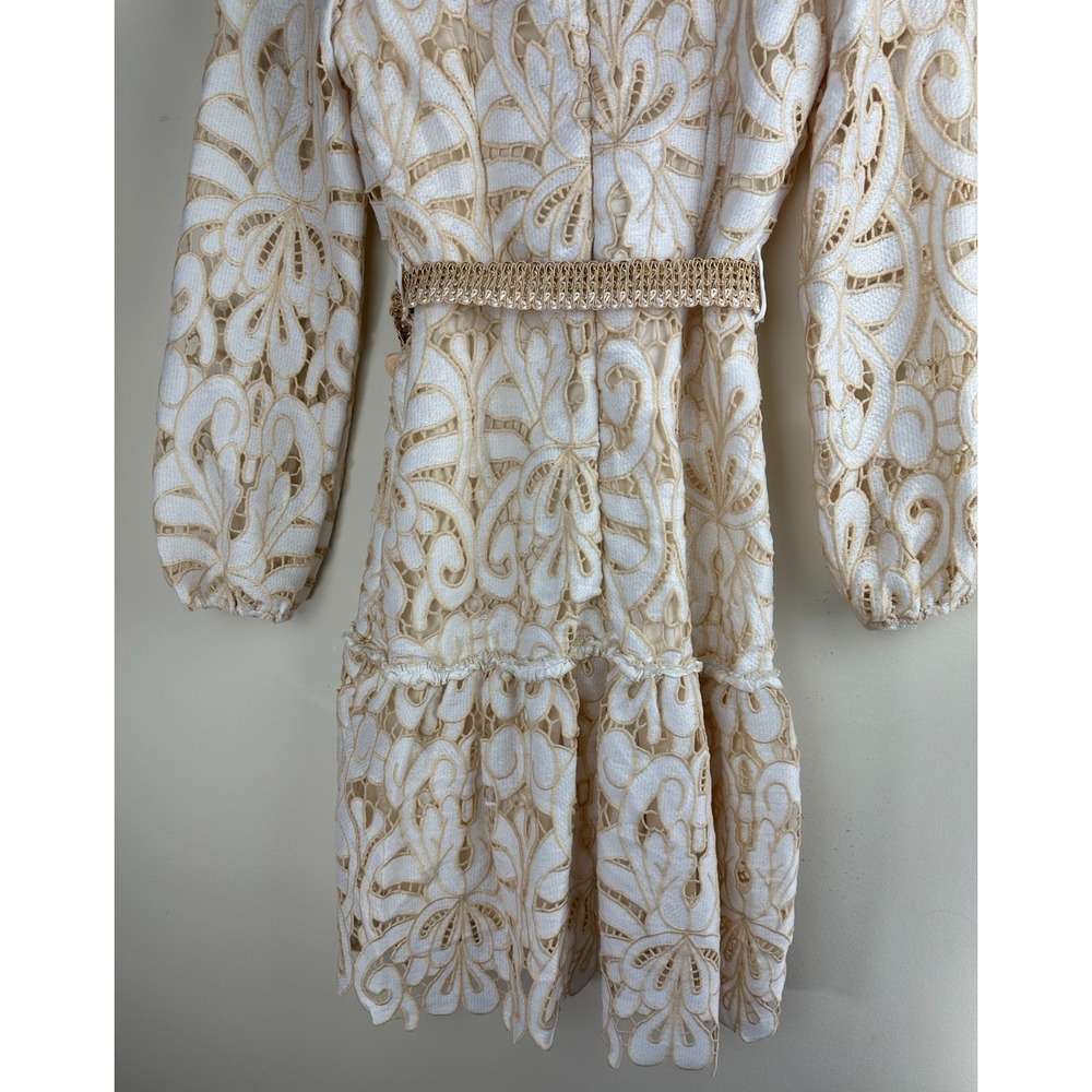 Mulla Embroidery Floral Lace Mock Neck Long Sleeve Mini Dress Ivory Belted Small - Picture 13 of 14